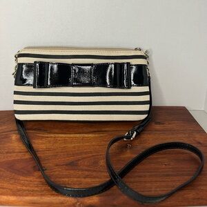 Kate Spade Alice Court Celina Black Cream Stripe Patent Leather Crossbody Bag
